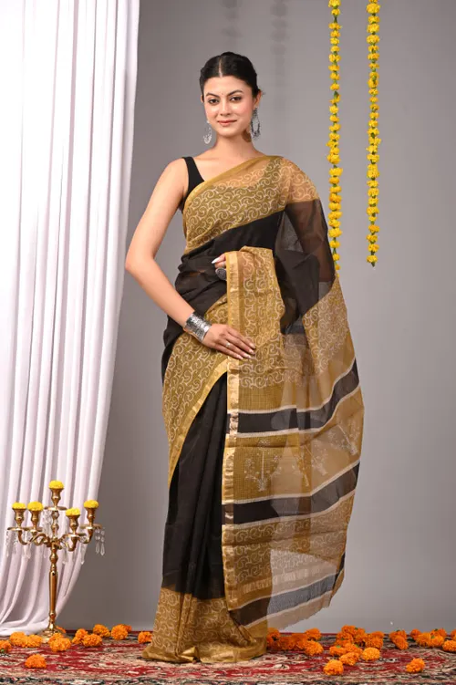 Handcrafted Bagru Print Black Colour Kota Sarees
